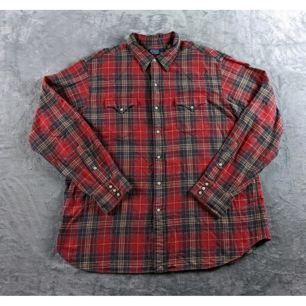Polo Ralph Lauren Shirt Men 2XL Red Flannel Western Pearl Snap Long Sleeve READ